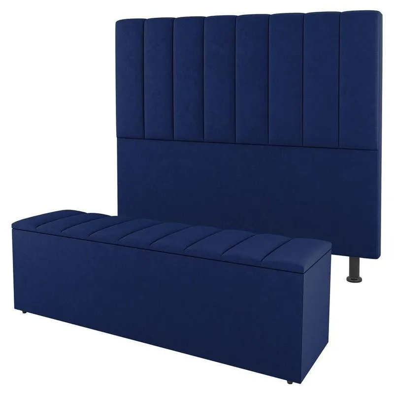 Kit Cabeceira E Baú Cama Box King Size Cora 195cm Suede Azul
