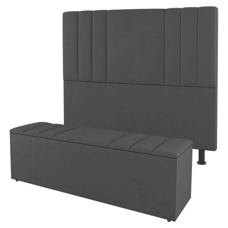 Kit Cabeceira E Baú Cama Box Solteiro 90cm Cinza Escuro