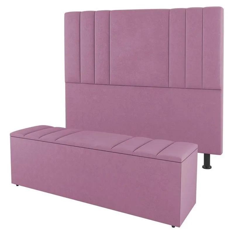 Kit Cabeceira E Baú Cama Box Solteiro Grace 90cm Suede Rosa
