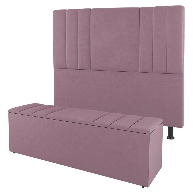 Kit Cabeceira E Baú Cama Box Solteiro Grace 90cm Suede Rosé