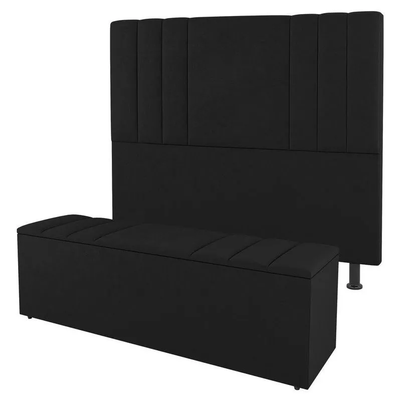 Kit Cabeceira E Baú Cama Box Casal Grace 140cm Suede Preto