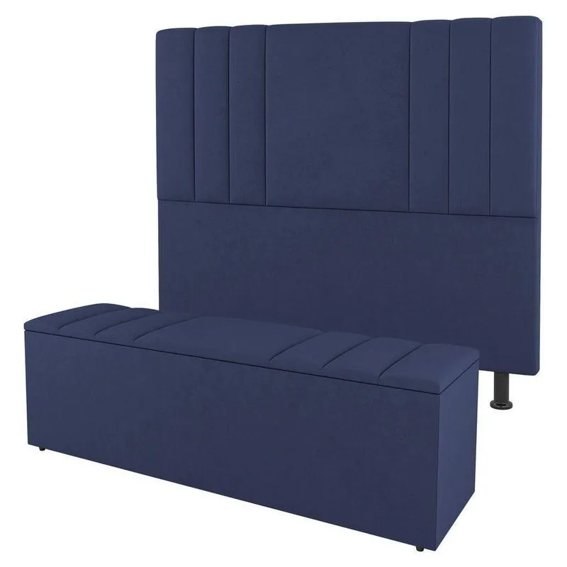Kit Cabeceira E Baú Cama Box Casal Grace 140Cm Suede Azul
