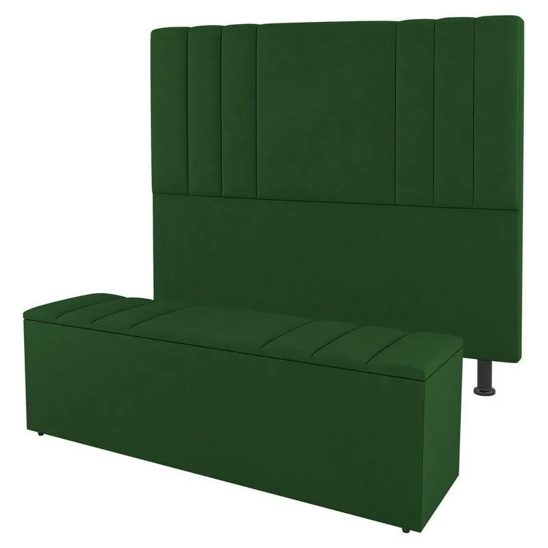 Kit Cabeceira E Baú Cama Box Casal Grace 140cm Suede Verde