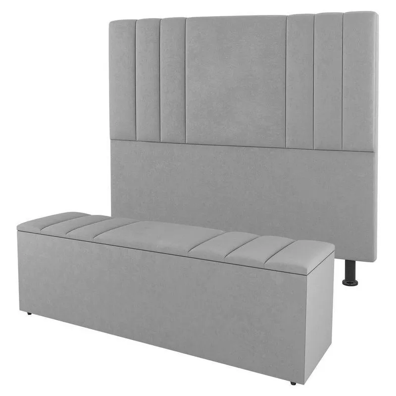 Cabeceira E Baú Cama Box Queen Size Grace 160cm Suede Cinza