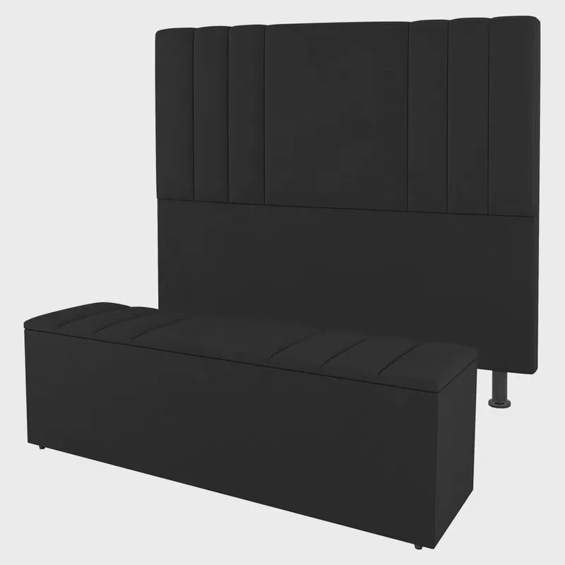 Kit Cabeceira e Baú Cama Box King Size Grace 195cm Sintético Preto - Desk Design