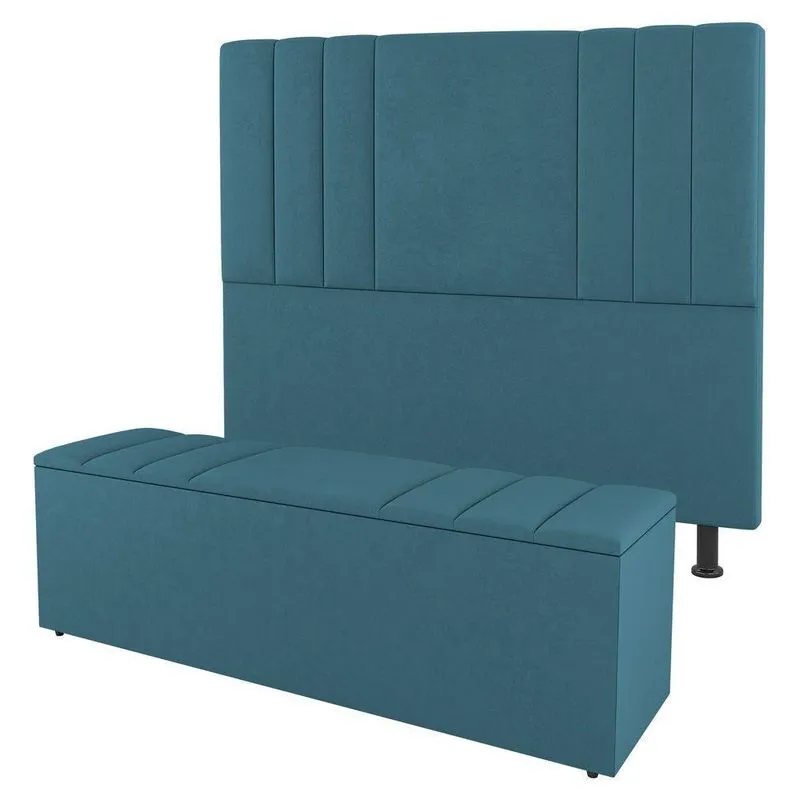 Cabeceira E Baú Cama Box King Grace 195cm Suede Turquesa
