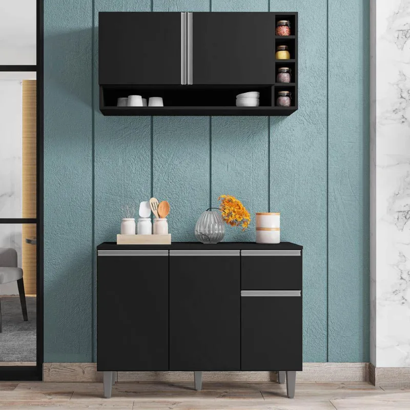 Balcão Gabinete De Cozinha E Armário Aéreo Vanessa Preto Fosco - Desk Design
