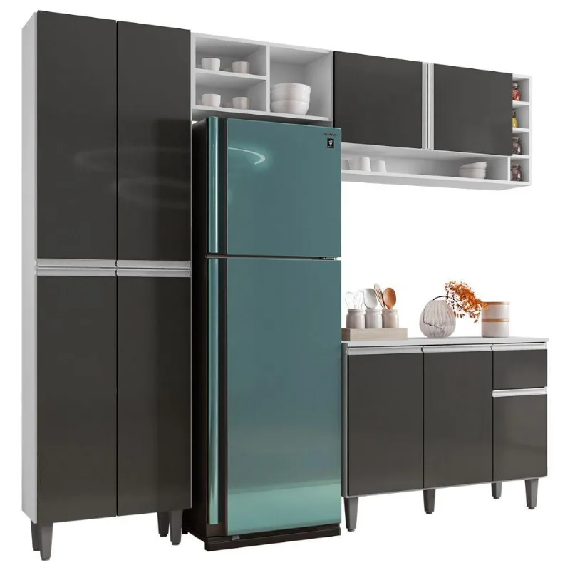 Cozinha Modulada Completa Vanessa 5 Peças 230Cm Branco Cinza Escuro - Desk Design