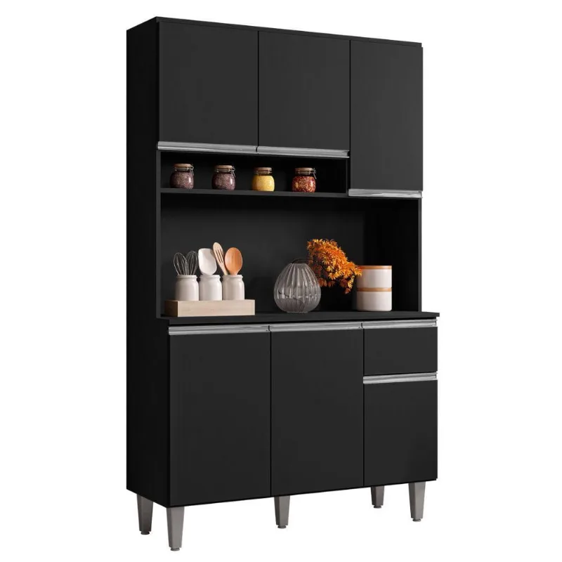 Cozinha Compacta Márcia 6 Portas 1 Gaveta MDF 105 cm Preto Fosco