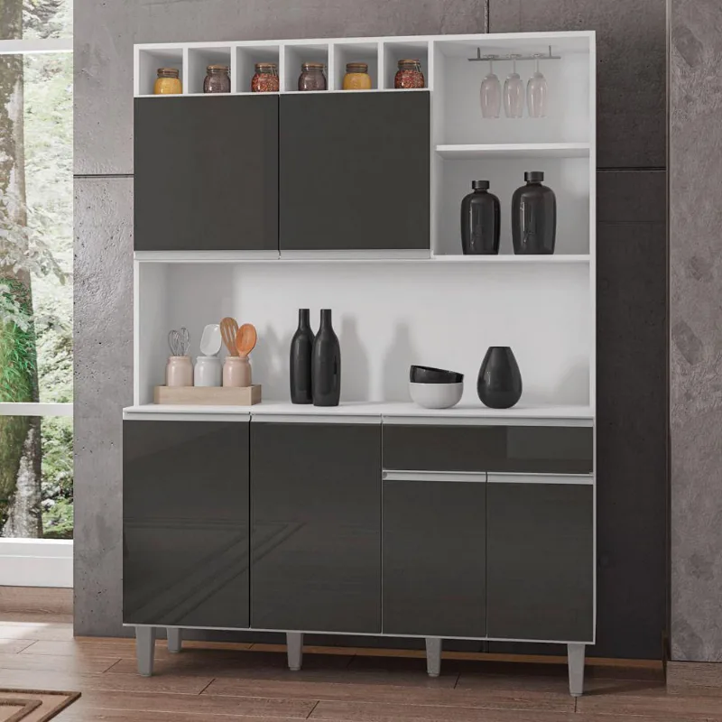 Kit Cozinha Compacta Alice 130cm Com 6 Portas E 1 Gaveta Branco Cinza Escuro - Desk Design