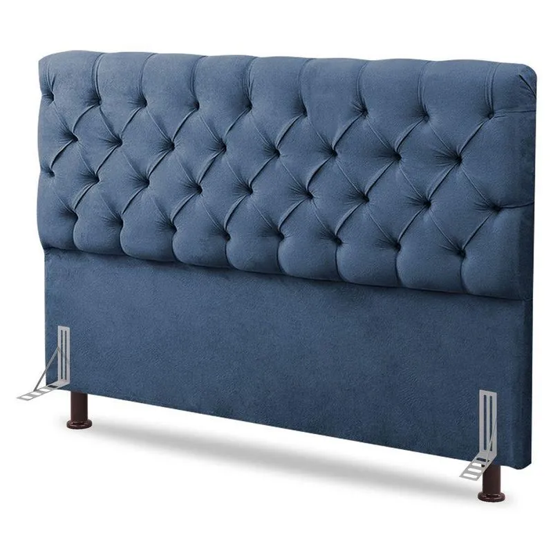 Cabeceira Cama Box Casal Queen Size Lylla 160cm Capitonê Com Frame Linho Azul - Desk Design