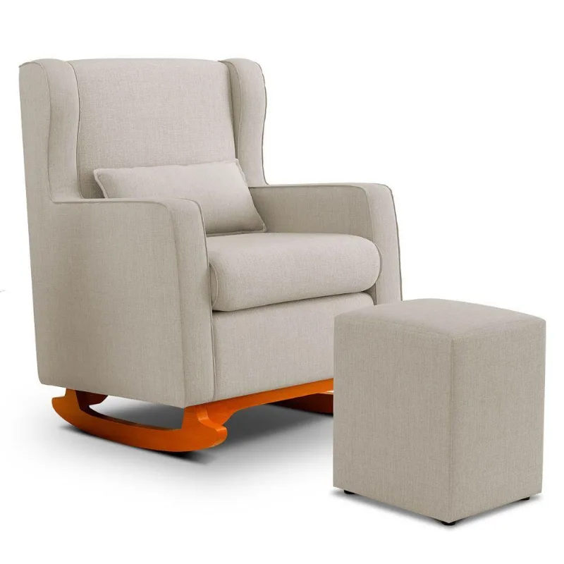 Poltrona De Amamentação E Descanso Zoe Com Base Balanço E Puff Linho Bege - Desk Design
