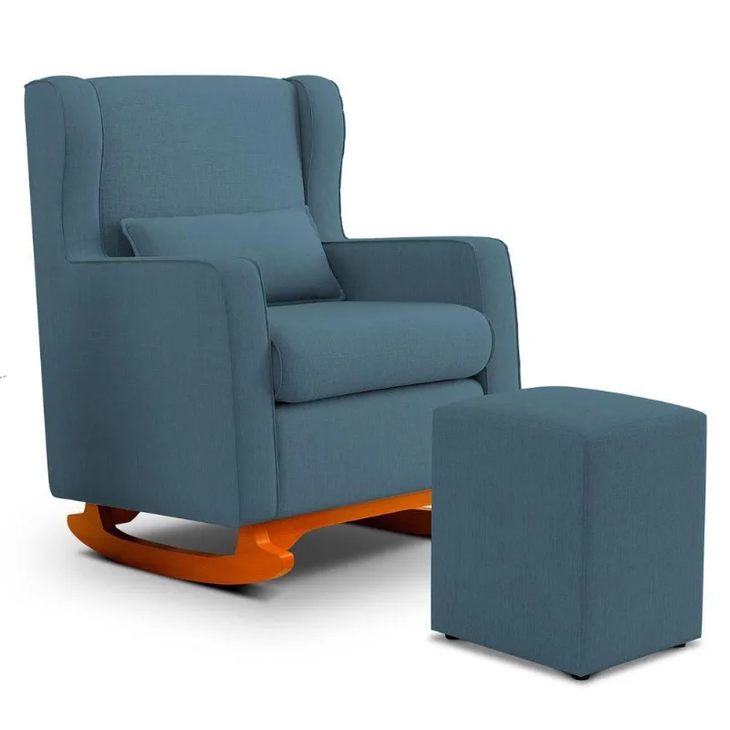 Poltrona De Amamentação E Descanso Zoe Com Base Balanço E Puff Linho Denim - Desk Design