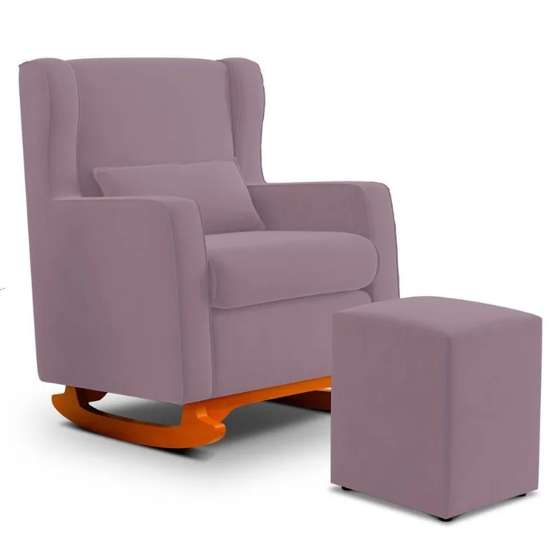 Poltrona De Amamentação E Descanso Zoe Com Base Balanço E Puff Veludo Rosê - Desk Design