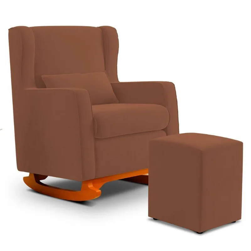 Poltrona De Amamentação E Descanso Zoe Com Base Balanço E Puff Veludo Terracota - Desk Design