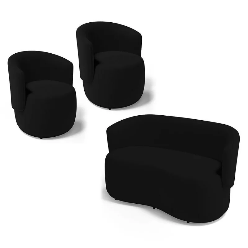 Kit 2 Poltronas E 1 Namoradeira Aisha Orgânica Veludo Preto - Desk Design