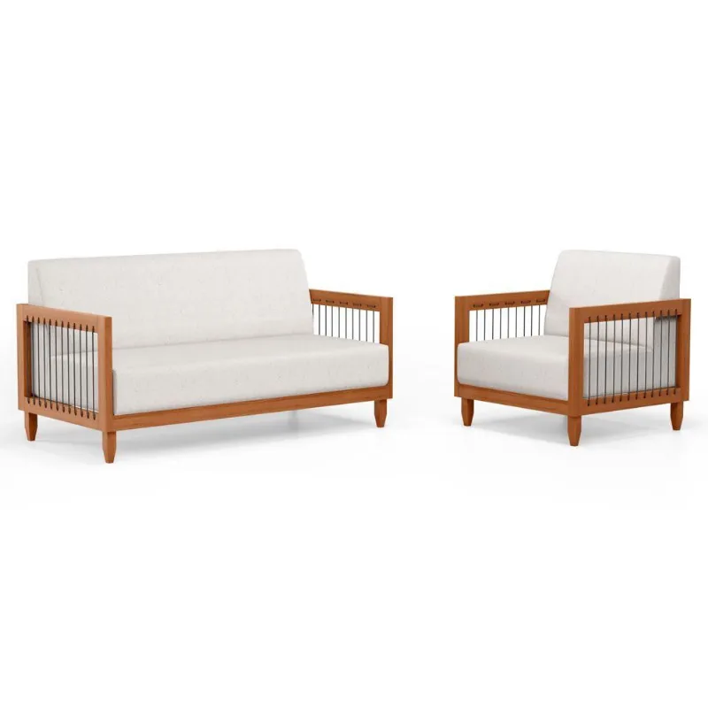 Kit Poltrona E Sofá Varanda Samoa Madeira Maciça Com Cordas Náutica Linho Natural - Desk Design