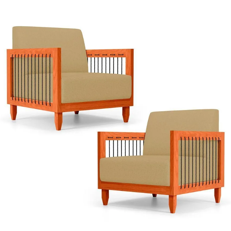 Kit 02 Poltronas Varanda Samoa Madeira Maciça Com Cordas Náutica Linho Dourado - Desk Design