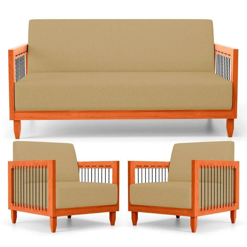 Kit 02 Poltronas E 01 Sofá Samoa Madeira Maciça Com Cordas Náutica Linho Dourado - Desk Design