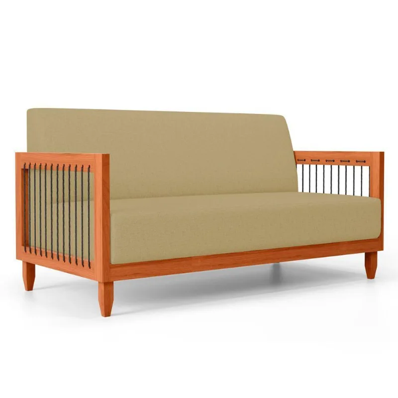 Sofá Varanda Samoa Madeira Maciça 02 Lugares Com Cordas Náutica Linho Dourado - Desk Design