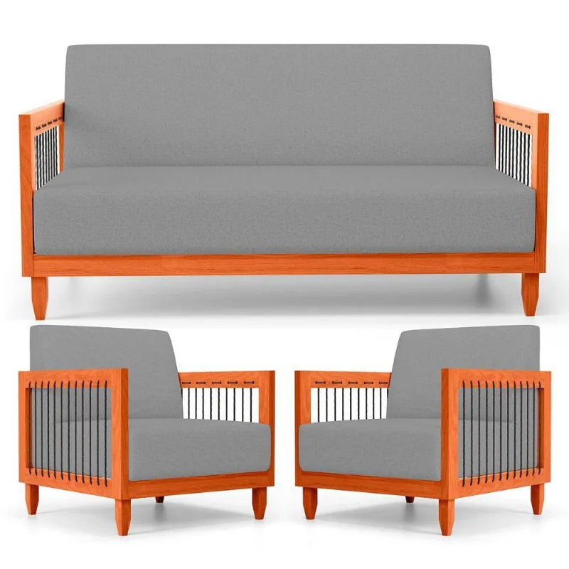 Kit 02 Poltronas E 01 Sofá Samoa Madeira Maciça Com Cordas Náutica Linho Cinza - Abmaza