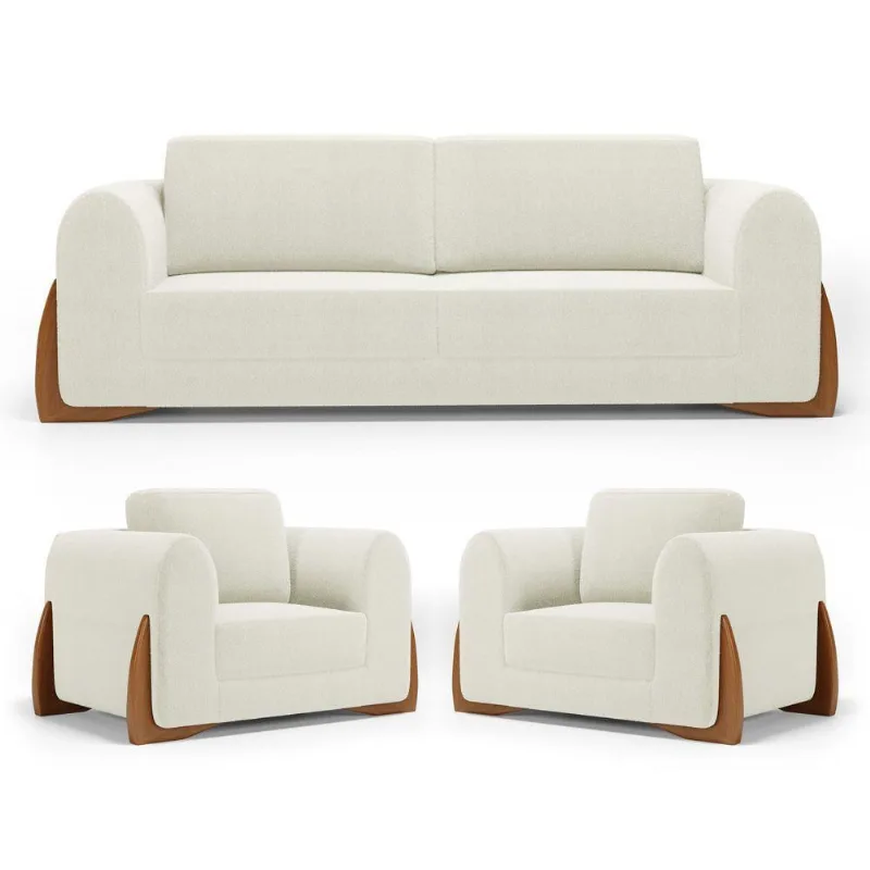 Kit 02 Poltronas E 01 Sofá Bloom 180cm 02 Lugares Com Pés De Madeira Bouclê Off White - Desk Design