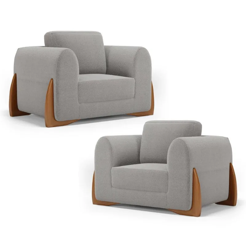 Kit 02 Poltronas Decorativas Living Bloom Com Pés De Madeira Bouclê Cinza - Desk Design