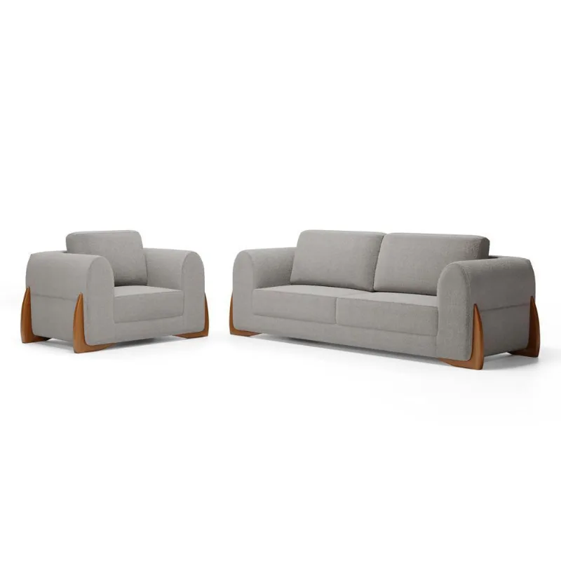 Kit Poltrona E Sofá Bloom 180cm 02 Lugares Com Pés De Madeira Bouclê Cinza - Abmaza