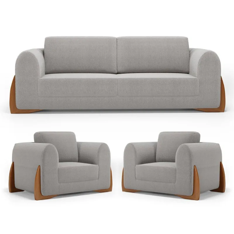 Kit 02 Poltronas E 01 Sofá Bloom 200cm 03 Lugares Com Pés De Madeira Bouclê Cinza - Desk Design