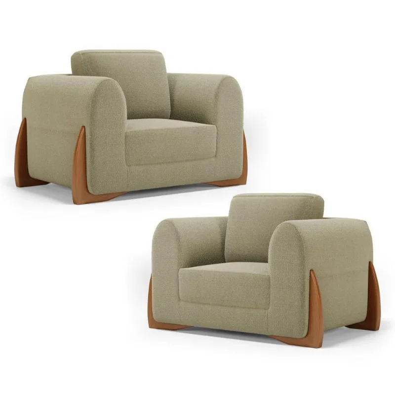 Kit 02 Poltronas Decorativas Living Bloom Com Pés De Madeira Bouclê Bege - Desk Design
