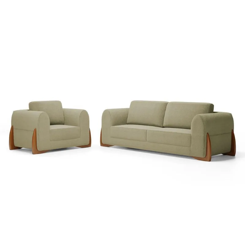 Kit Poltrona E Sofá Bloom 220cm 03 Lugares Com Pés De Madeira Bouclê Bege - Desk Design