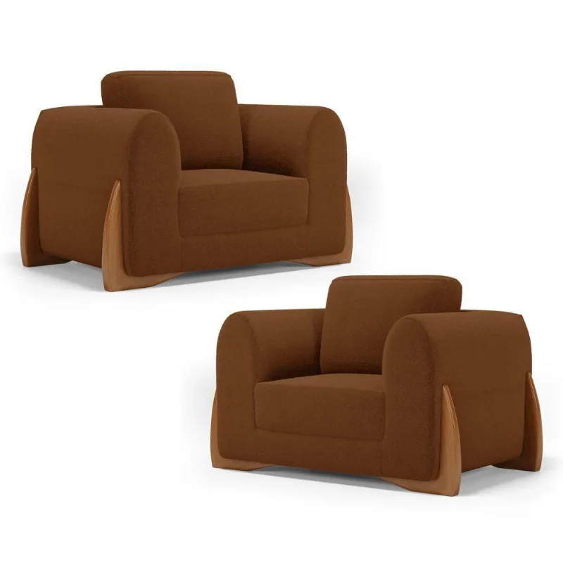 Kit 02 Poltronas Decorativas Living Bloom Com Pés De Madeira Bouclê Terracota - Desk Design