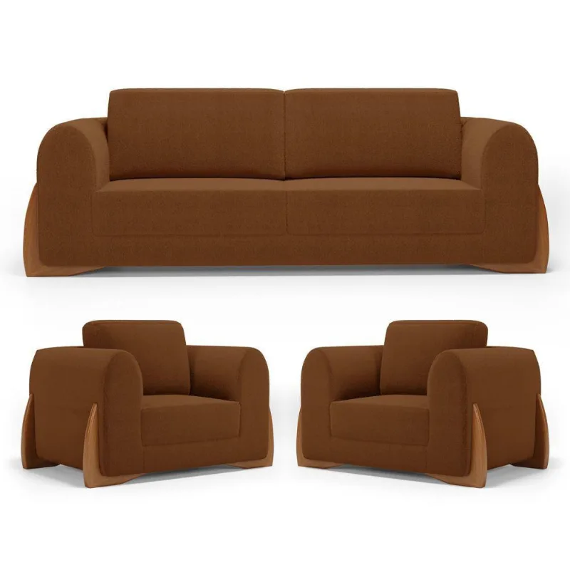 Kit 02 Poltronas E 01 Sofá Bloom 220cm 03 Lugares Com Pés De Madeira Bouclê Terracota - Desk Design