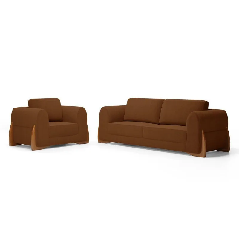 Kit Poltrona E Sofá Bloom 220cm 03 Lugares Com Pés De Madeira Bouclê Terracota - Abmaza