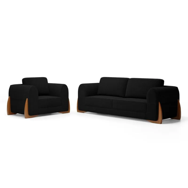 Kit Poltrona E Sofá Bloom 160cm 02 Lugares Com Pés De Madeira Bouclê Preto - Abmaza