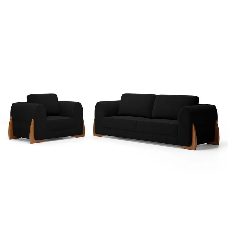 Kit Poltrona E Sofá Bloom 200cm 03 Lugares Com Pés De Madeira Bouclê Preto - Abmaza