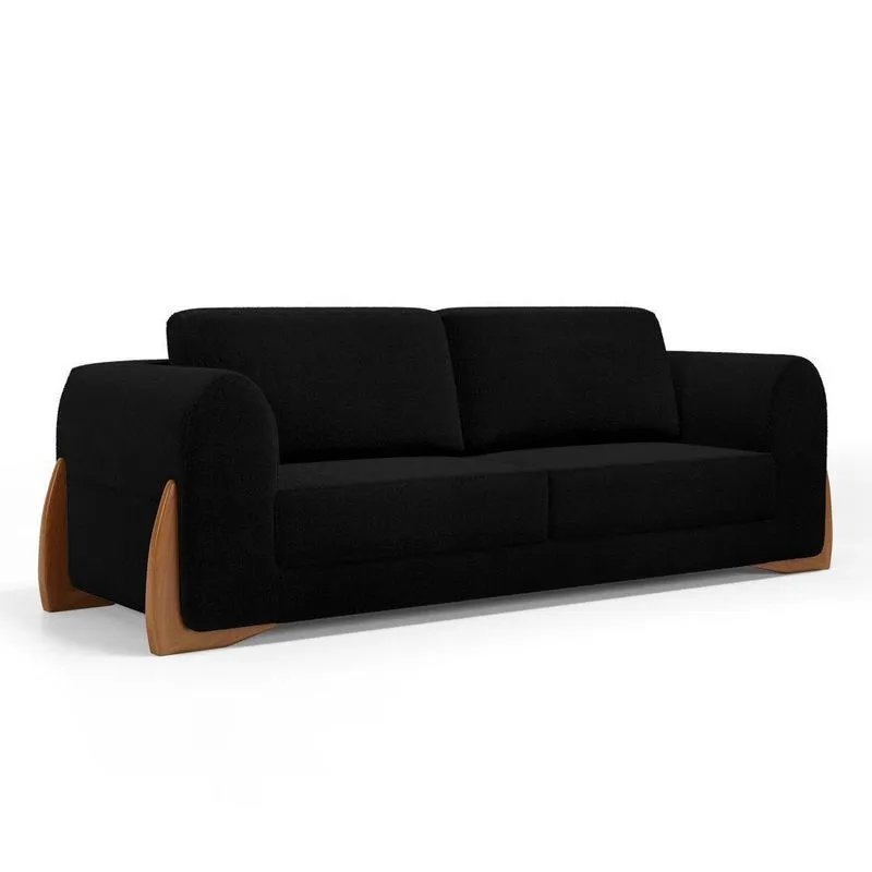 Sofá Living Bloom 200cm 03 Lugares Com Pés De Madeira Bouclê Preto - Desk Design