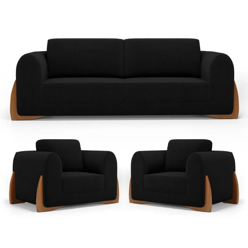 Kit 02 Poltronas E 01 Sofá Bloom 220cm 03 Lugares Com Pés De Madeira Bouclê Preto - Desk Design