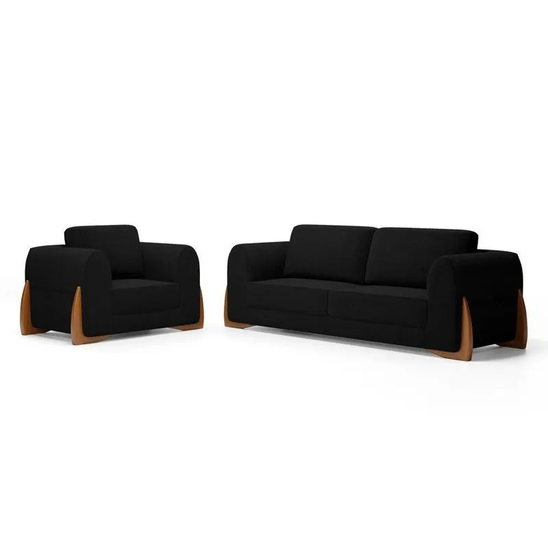 Kit Poltrona E Sofá Bloom 220cm 03 Lugares Com Pés De Madeira Bouclê Preto - Desk Design
