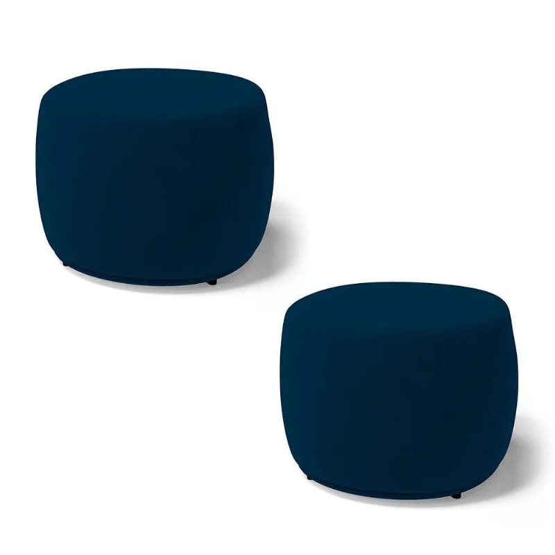 Kit 02 Puffs Decorativos Living Aisha Orgânico Redondo Veludo Azul Marinho - Desk Design