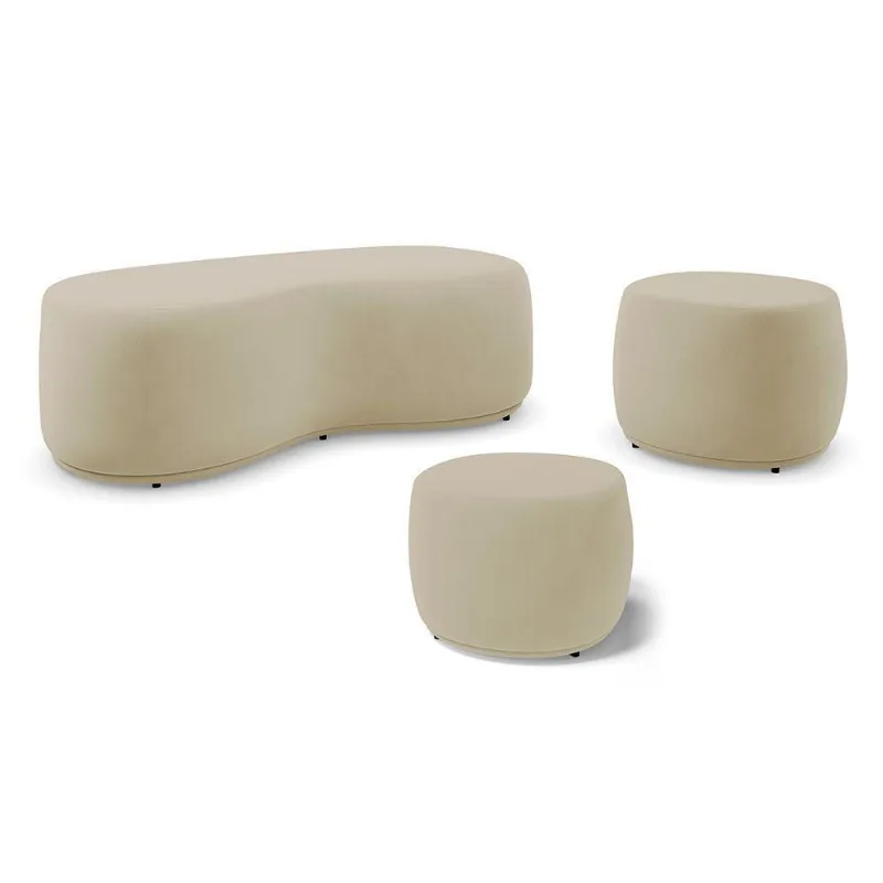 Conjunto 03 Puffs Decorativos Living Aisha Orgânico Veludo Bege - Desk Design