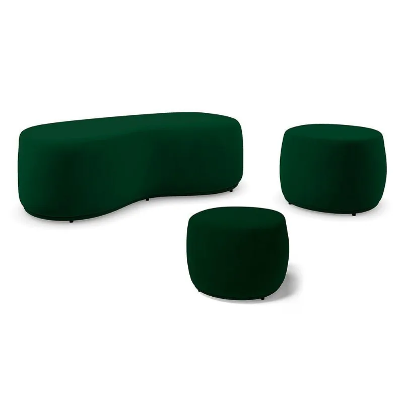 Conjunto 03 Puffs Decorativos Living Aisha Orgânico Veludo Verde Escuro - Desk Design