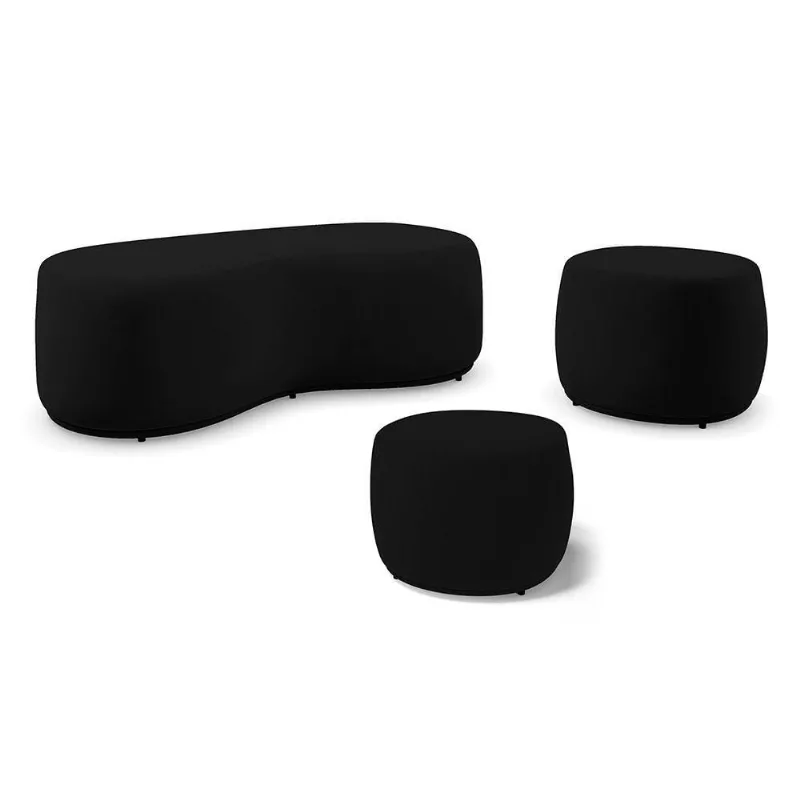 Conjunto 03 Puffs Decorativos Living Aisha Orgânico Suede Preto - Desk Design