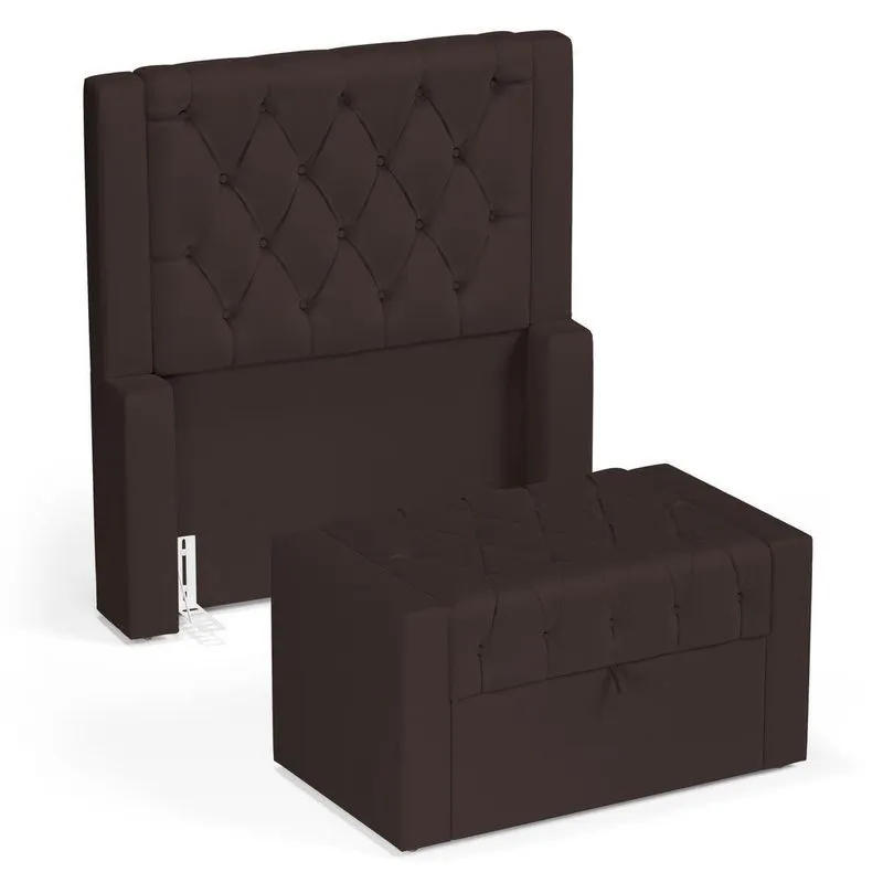 Cabeceira E Calçadeira Báu Solteiro Atena 90cm Capitonê Suede Marrom - Desk Design