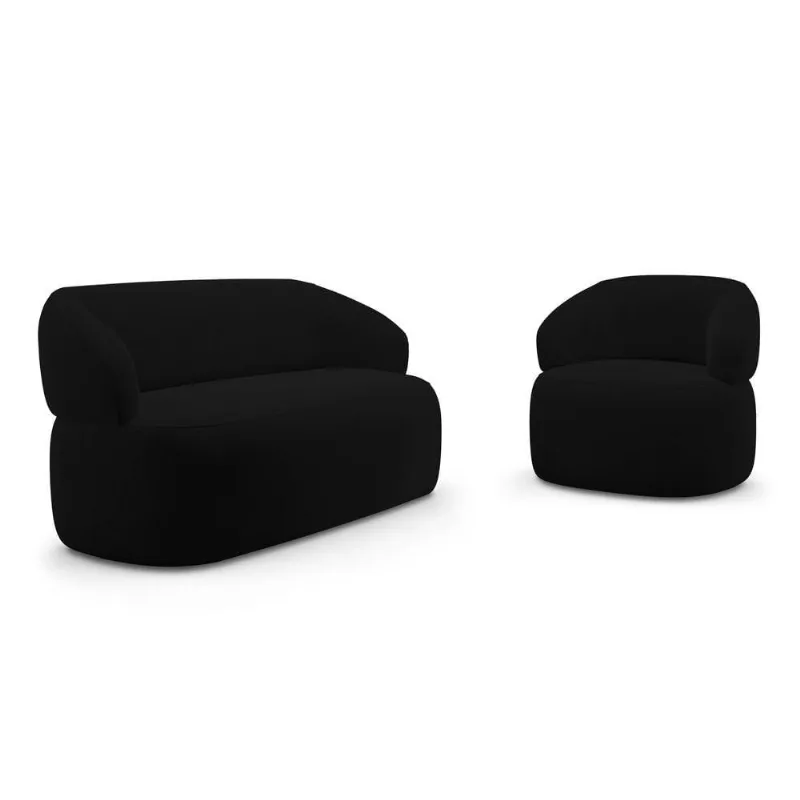 Kit Poltrona Giratória E Sofá Orgânico Living Glee 03 Lugares 170cm Veludo Preto - Abmaza