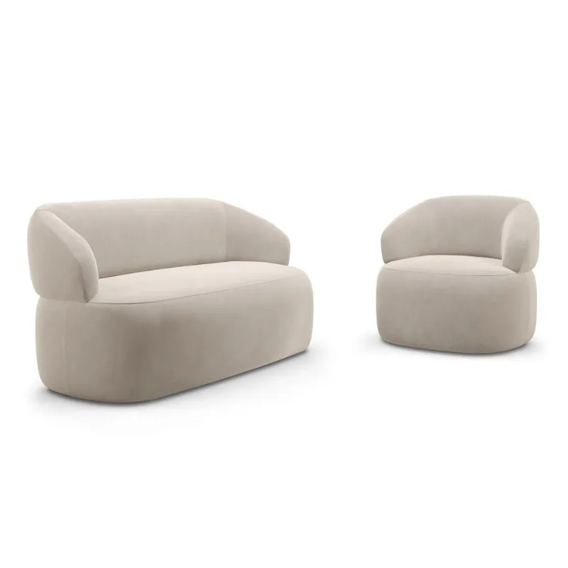Kit Poltrona Giratória E Sofá Orgânico Living Glee 03 Lugares 170cm Veludo Bege - Abmaza
