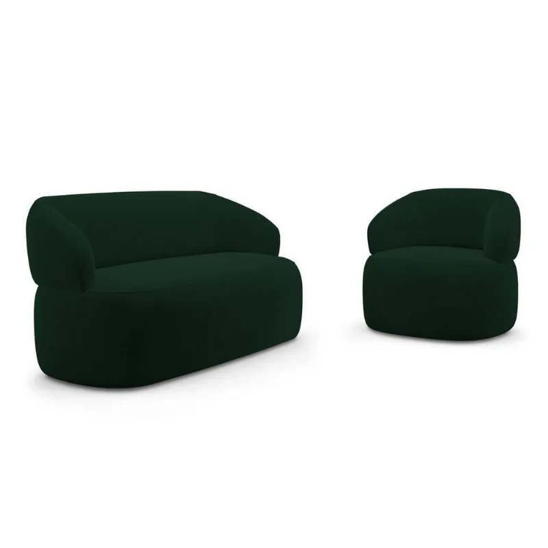 Kit Poltrona Giratória E Sofá Orgânico Living Glee 02 Lugares 140cm Veludo Verde Escuro - Abmaza