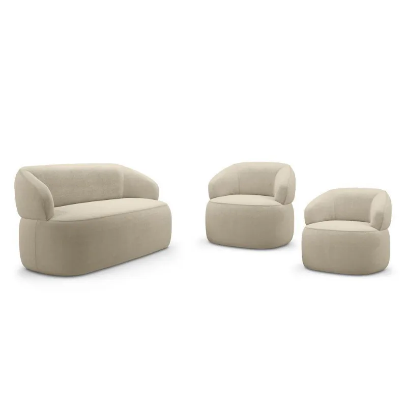 Kit 02 Poltronas Giratória E 01 Sofá Orgânico Glee 03 Lugares 170cm Bouclê Bege - Desk Design
