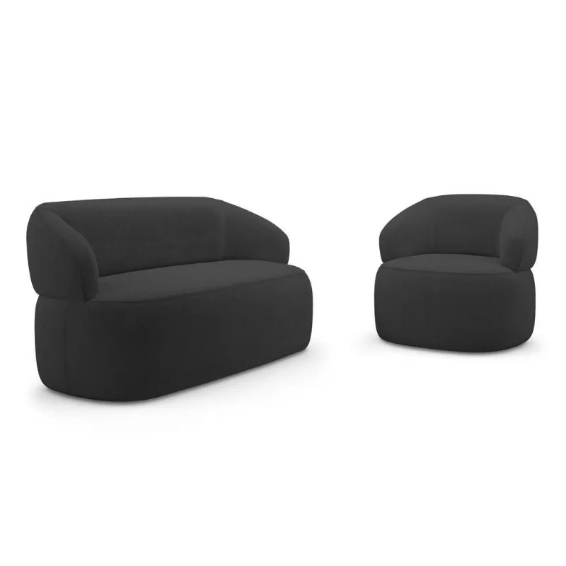 Kit Poltrona Giratória E Sofá Orgânico Living Glee 02 Lugares 140cm Bouclê Grafite - Abmaza