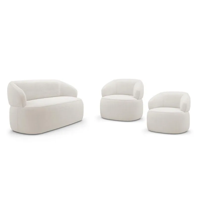 Kit Poltrona e Sofá Glee Giratório Reclinável Bouclê Off White Abmaza